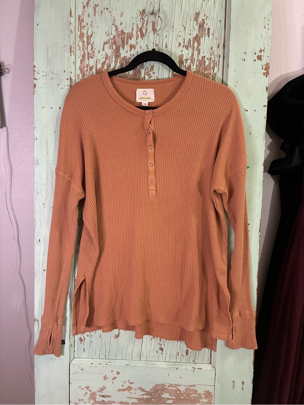 Women’s aerie Rust Orange Waffle Henley Long Sleeve Top